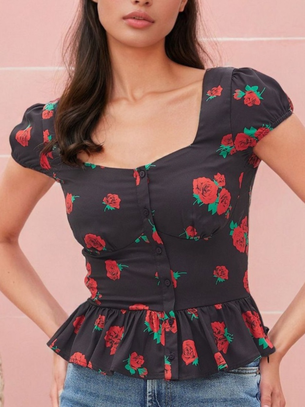 Black Floral Button-Front Peplum Crop with Red Rose Print